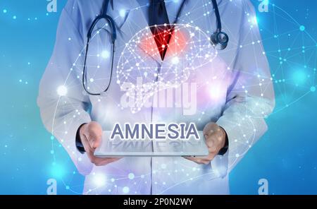 Amnesia therapy. Illustration of human brain and doctor with tablet on light blue background, closeup Stock Photo