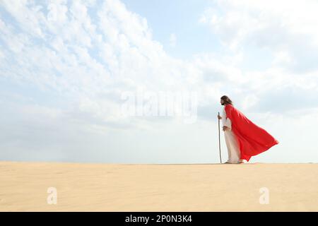 Jesus Christ walking with stick in desert. Space for text Stock Photo