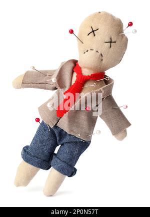 Voodoo doll dressed as businessman with pins isolated on white Stock Photo