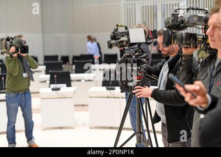 Schwerin, Germany. 03rd Mar, 2023. Media representatives in the plenary hall of the state parliament of Mecklenburg-Vorpommern before the beginning of the session of the state parliament. The state parliament's finance committee is meeting today with the finance minister on the destroyed tax returns of the Climate Protection Foundation MV. Credit: Frank Hormann/dpa/Alamy Live News Stock Photo