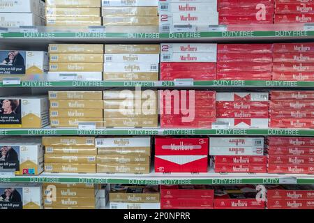 how much are cigarettes in athens Athens, February 28th 2023: Duty free cigarettes on sale at the airport  Stock Photo