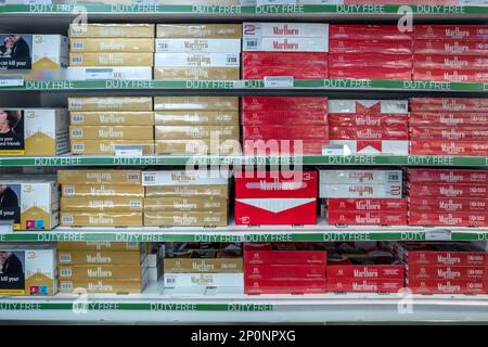 duty free prague cigarettes price online Athens, February 28th 2023: Duty free cigarettes on sale at the airport  Stock Photo