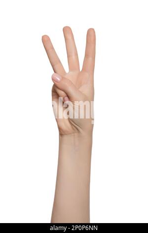 Woman's hand pointing 3 fingers up, number three. Isolated on white. Stock Photo