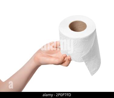 Toilet paper roll in hand, isolate Stock Photo