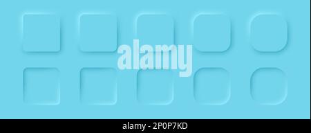 Square buttons in a neomorphic style on a blue background. A set of user interface design elements. Stock Vector