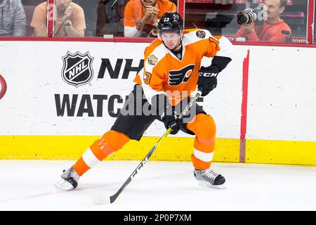 April 1, 2018: Philadelphia Flyers defenseman Ivan Provorov (9) in action  during the NHL game between the Boston Bruins and Philadelphia Flyers at  Well Fargo Center in Philadelphia, Pennsylvania. The Flyers won