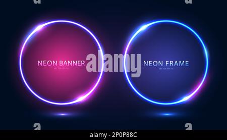 A set of round neon frames with shining effects and highlights on a dark background. Stock Vector