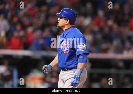 OCT 26, 2016: Chicago Cubs left fielder Kyle Schwarber (12) reacts after a  base hit during Game 2 of the 2016 World Series against the Chicago Cubs  and the Cleveland Indians at