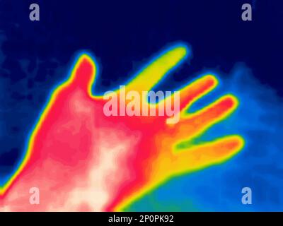 Hand gestures captured on thermal imager device. Warm hands of an ordinary person. Hand is like plane Stock Photo