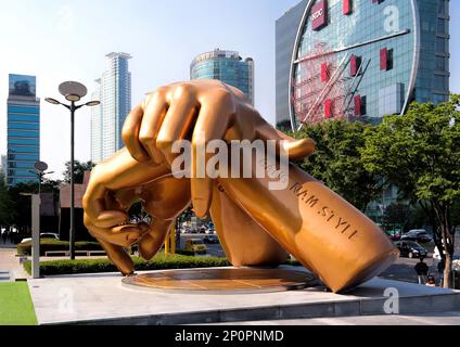 Seoul, South Korea, May. 2019 - Funny bronze sculpture of psy's gangnam style statue in front of coex Stock Photo