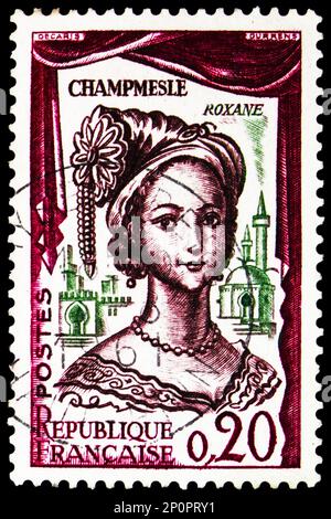 MOSCOW, RUSSIA - FEBRUARY 15, 2023: Postage stamp printed in France shows La Champmeslé (1642-1698) in the Role of Roxane, French Actors and Actresses Stock Photo