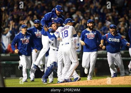 the World Series against the Cleveland Indians. 22nd Oct, 2016. Munenori  Kawasaki (Cubs), OCTOBER 22, 2016 - MLB : Chicago Cubs shortstop Munenori  Kawasaki celebrate with his teammate after winning the Game