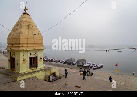 Ancient Varanasi India city architecture with view of Ganges river ghat. 7th January 2023, Varanasi, India Stock Photo