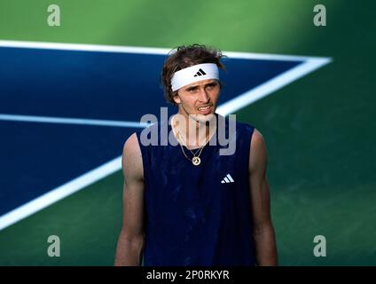 Dubai, United Arab Emirates. March 02, 2023,  Alexander Zverev of Germany looks on during his ATP 500 Dubai Duty Free Tennis Championships 2023 Quarter-Final match against Lorenzo Sonego of Italy on March 02, 2023 in Dubai, United Arab Emirates. Photo by Victor Fraile / Power Sport Images Stock Photo