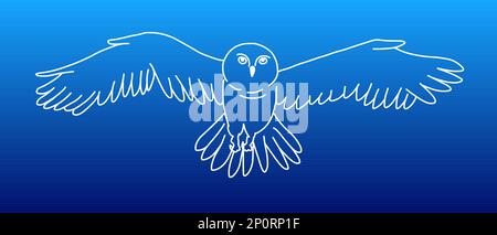White owl in outline cartoon doodle style. Hand drawn vector illustration isolated on blue background. Stock Vector
