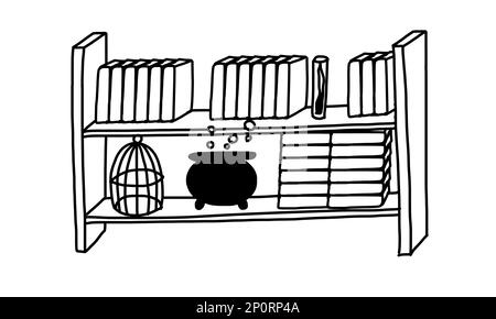 Shelves with magic books in outline doodle style. Vector illustration isolated on white background. Stock Vector