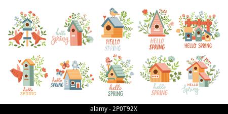 Spring birdhouse set. Spring mood greeting card template. Welcome spring invitation. Minimalist postcard birdhouse.  Stock Vector