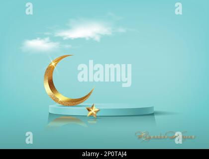 Ramadan Kareem 3D vector of classic teal Muslim Islamic festival theme product display background with gold crescent moon, golden star, Islamic Arabic Stock Vector