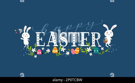 Lovely hand drawn easter designs with text "Happy Easter" cute hand drawn bunnies, eggs and decoration - vector design Stock Vector
