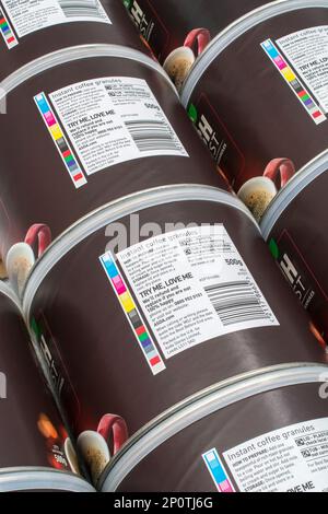 Colour registration strip on ASDA coffee packaging. For CMYK process colours, spot colours, printing registration, colours in industry, printing trade Stock Photo