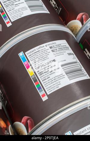Colour registration strip on ASDA coffee packaging. For CMYK process colours, spot colours, printing registration, colours in industry, printing trade Stock Photo