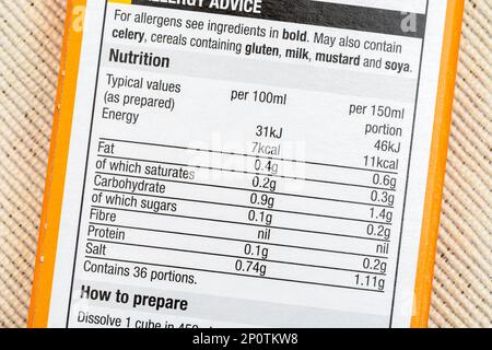 Close shot of nutritional information label on box of Morrison's own-label chicken stock cubes. For healthy diet, nutritional information box on food. Stock Photo