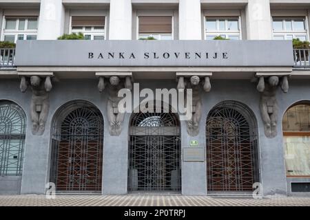 LJUBLJANA, SLOVENIA, 19 February 2023: Slovenian national bank - Banka Slovenije building with EU Flag Stock Photo