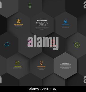 Vector Minimalist dark gray infographic report template with hexagons mosaic filled with various information, icons and numbers. Simple 3d realistic h Stock Vector