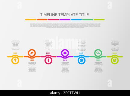 Vector light color time line with icons in circles template made from six light circles with icons, descriptions and rainbow colorful arrows timeline Stock Vector