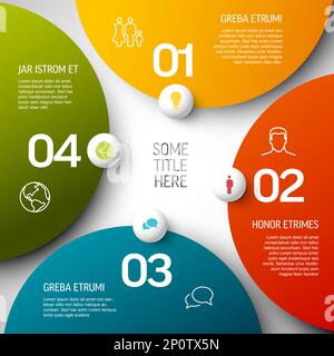 Abstract schema template with four color sections or progress template with four steps on big color circles, numbers and icons on white spheres. multi Stock Vector