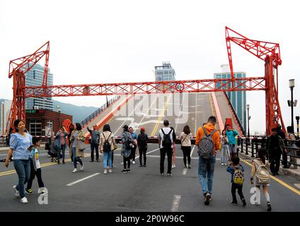 Busan, South Korea - May 2019: Yeongdo bridge with a length of 214 meters. It was the first one leaf type bridge in Korea Stock Photo