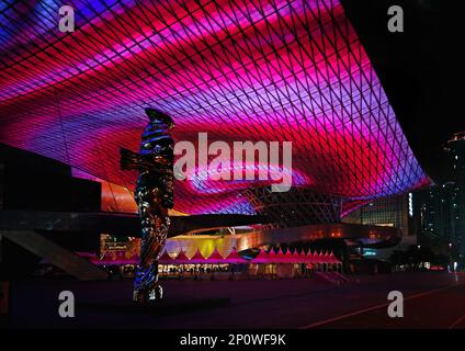 Busan, South Korea - May 2019: Roof full of LED lights viewed from below and exterior of the Busan Cinema Center also called 'Dureraum' in Busan city Stock Photo