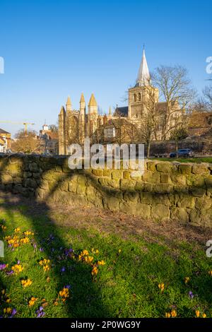 Rochester cathedral from the walls of Rochester castle on a sunny spring day Stock Photo