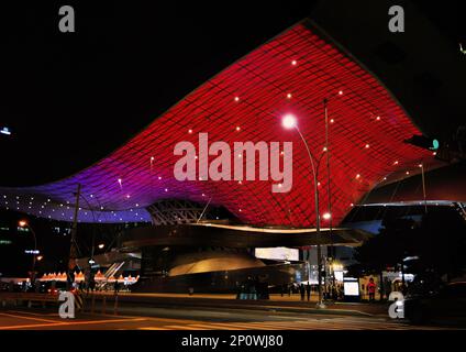 Busan, South Korea - May 2019: Roof full of LED lights viewed from below and exterior of the Busan Cinema Center also called 'Dureraum' in Busan city Stock Photo