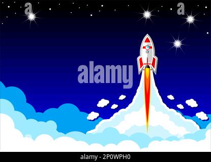 Startup business concept header. Rocket takes off to the stars through the clouds. Vector landing page temlate Stock Vector