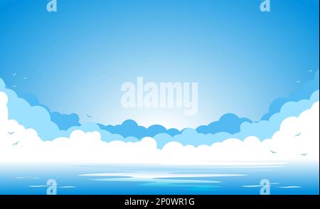 Blue sky with clouds and silhouettes of seagulls over blue sea. Copy space for you text. Vector template background for advertising flayer or web head Stock Vector