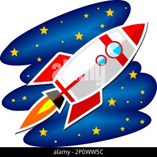 Cartoon rocket and stars in space sky. Vector on transparent background Stock Vector