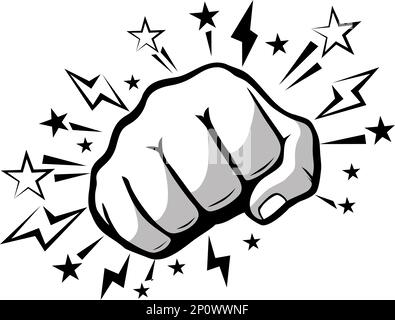 Punch fist on comic style. Cartoon powerful fist hit. Vector on transparent background Stock Vector