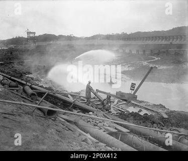Hydraulic Excavation, Miraflores - Monitors in Operation, December 21, 1910. Locks on the Panama Canal. Stock Photo