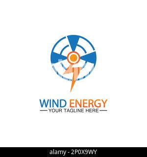 Wind energy logo. renewable energy icon with wind turbines and thunder bolt isolated on white background Stock Vector