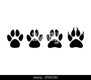 Paw print set. Paw foot trail print of animal. Silhouettes of paws, dog, cat, bear, puppy silhouette. Large set of animal teps imprints. Stock Vector