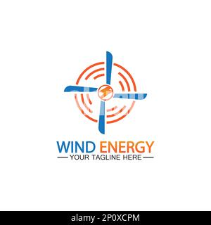 Wind energy logo. renewable energy icon with wind turbines and thunder bolt isolated on white background Stock Vector