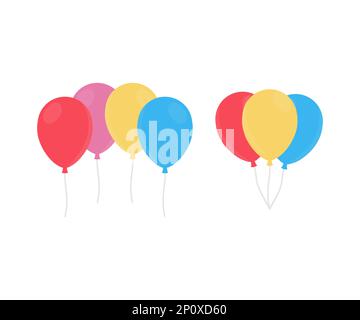 Balloons in cartoon flat style logo design. Colored balloons in flat style set. Balloon set isolated on white background. Bunch of balloons, vector. Stock Vector