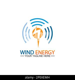 Wind energy logo. renewable energy icon with wind turbines and thunder bolt isolated on white background Stock Vector
