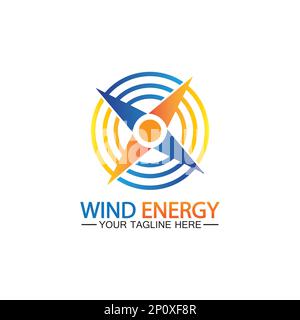 Wind energy logo. renewable energy icon with wind turbines and thunder bolt isolated on white background Stock Vector