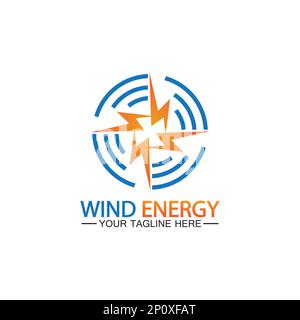 Wind energy logo. renewable energy icon with wind turbines and thunder bolt isolated on white background Stock Vector