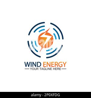 Wind energy logo. renewable energy icon with wind turbines and thunder bolt isolated on white background Stock Vector