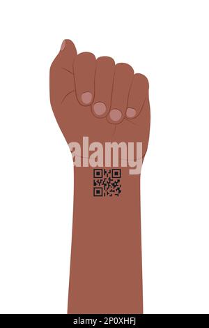 The hand with bent fingers and QR code tattoo on wrist. Chipping and control people, electronic admission, pass by code, exclisivity concept. Vector illustration. Stock Vector