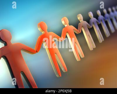 Some people icons holding their hands and forming a long chain. Digital illustration. Stock Photo