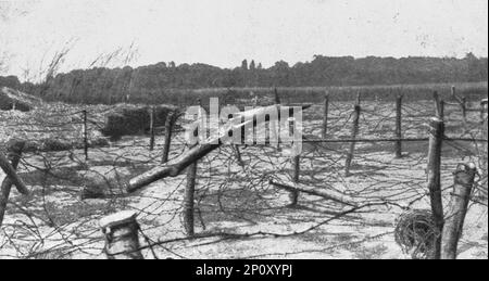 'L'instruction de la Nouvelle armee Belge; L'entrainement de la Nouvelle armee Belge. Dans un centre d'instruction du genie : en haut, harponnage et arrachage des piquets soutenant les fils barbeles, pour pratiquer une trouee a travers le reseau : a gauche, hommes creusant un passage souterrain pour eviter l'obstacle des chevaux de frise : a droite, passage au-dessus des reseaux au moyen d'une legere passerelle rapidement construite.', 1916. From &quot;Collection de la Guerre IV. L'Illustration Tome CXLVII. La Guerre Juillet, Aout, Septembre, Octobre, Novembre, Decembre 1916&quot;. Stock Photo